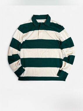GAP Green and Cream Striped Long-Sleeve Polo